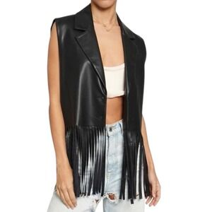 Know One Cares Black Faux Leather Fringe Vest Womens L Western Boho Festival NEW